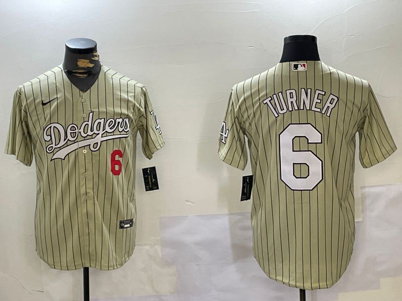 Men Los Angeles Dodgers #6 Turner Green Stripe Game 2024 Nike MLB Jersey style 1